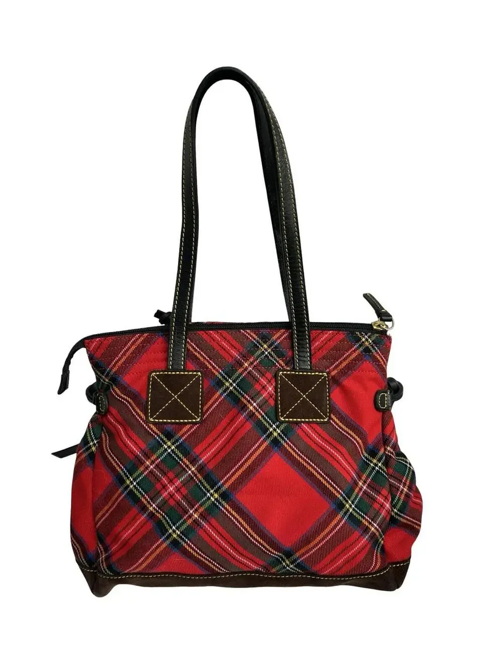 Dooney & Bourke Red Tartan Plaid Tote Bag Leather Trim Brass Duck Charm Large - Picture 2 of 10